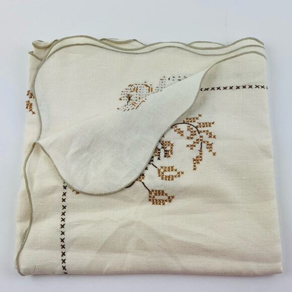 VTG Tablecloth Hand Embroidered CROSS STITCH Cream Brown Floral Neutral Taupe Es - Picture 11 of 16